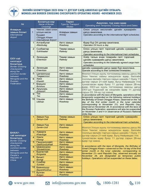 2025 оны 11-р сард зарим хилийн боомт амарна 6 Чингис хааны ойгоор зарим хилийн боомт түр хаагдана